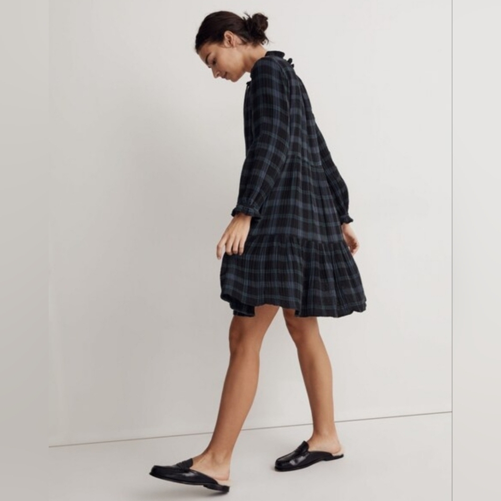 Madewell Tie-Neck Tiered Mini Black Plaid Long Sleeve Dress, Size M
